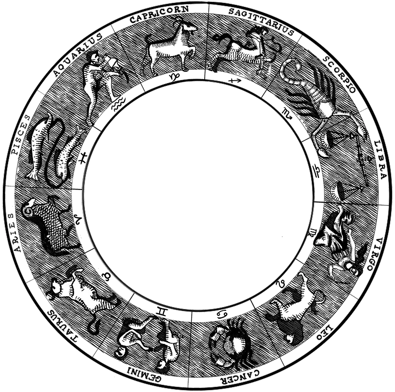 Black-and-white circular zodiac wheel showing the twelve astrological signs surrounding an empty center.